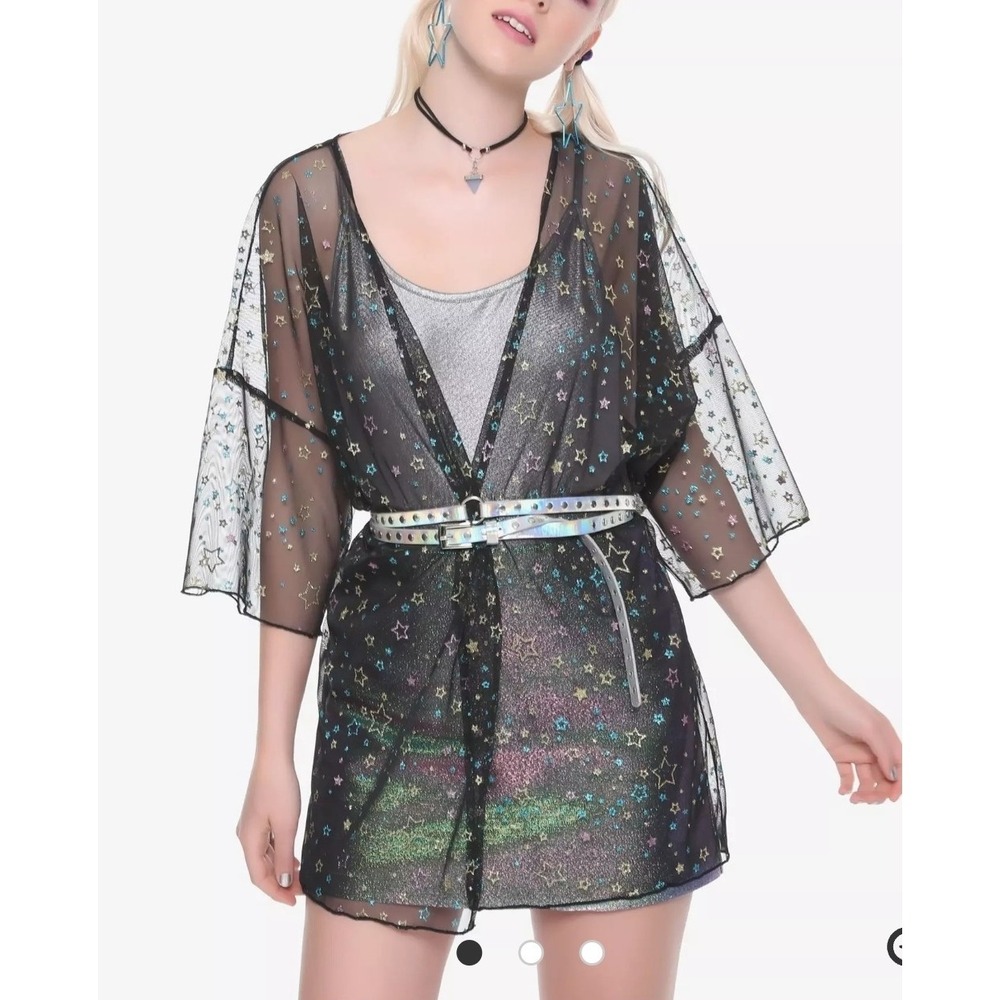 Hot Topic Black Glitter Star Sheer Kimono XS Open Front Celestial Whimsigoth‎